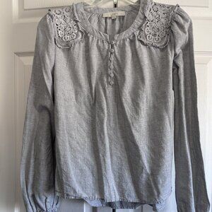 LOFT Gray Lace Shoulder Blouse Size M Long Sleeve